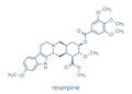 Reserpine alkaloid molecule. Isolated from Rauwolfia serpentina Indian snakeroot. Skeletal formula.