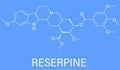 Reserpine alkaloid molecule. Isolated from Rauwolfia serpentina, Indian snakeroot. Skeletal formula.