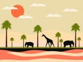 Reserve, africa landscape with animals. Giraffe and elephants, palms. Wild nature. Vector