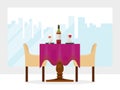 Reserved modern restaurant table with tablecloth, wineglasses, reservation tabletop two chairs cartoon vector