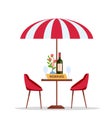 Reserved table in park cafe under parasol. Flat cartoon vector illustration on white fond. Round table with flowers in vase,