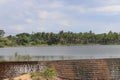 Reservoir of a dam that collects water from canals and provide stored water for agriculture with coconut farms in the background Royalty Free Stock Photo