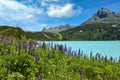 Reservoir lake with mountains epic landscape. Idyllic reservoir Kops lake at 1800 m in austrian Galtur, Vorarlberg Royalty Free Stock Photo