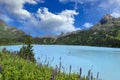 Reservoir lake with mountains epic landscape. Idyllic reservoir Kops lake at 1800 m in austrian Galtur, Vorarlberg Royalty Free Stock Photo