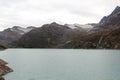 Reservoir Mattmark dam lake and mountain panorama view near Saas-Fee, Pennine Alps, Switzerland