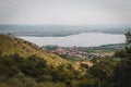 Reservoir Nove mlyny with small village Pavlov from lookout. Palava, Czech republic