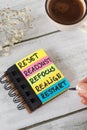 Reset, readjust, refocus, realign, restart, inspirational text in notebook with coffee cup on wooden background Royalty Free Stock Photo
