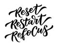 RESET RESTART REFOCUS. Motivation quote. Calligraphy text reset, restart, refocus. Vector illustration