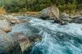 Reshi River water flowing on rocks at dawn, Sikkim, India