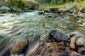 Reshi River water flowing on rocks at dawn, Sikkim, India