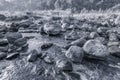 Reshi River water flowing on rocks at dawn, Sikkim, India