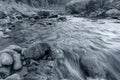 Reshi River water flowing on rocks at dawn, Sikkim, India