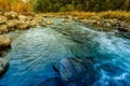 Reshi River water flowing on rocks at dawn, Sikkim, India