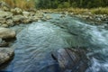 Reshi River water flowing on rocks at dawn, Sikkim, India