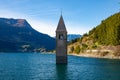 Resia pass lake and the bell tower Royalty Free Stock Photo