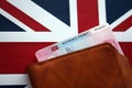 Residence Permit BRP card in purse on Union Jack flag