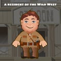 A resident of the wild West. An armed man stands in the background of the entrance to saloon. Funny animated man. Vector