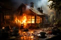 Residental house in fire. Building in full flaming destroyed. Generative AI