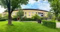 Residential area with ecological and sustainable green residential buildings, low-energy houses with apartments and green Royalty Free Stock Photo