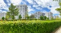 Residential area with ecological and sustainable green residential buildings, low-energy houses with apartments and green