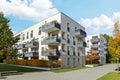 Residential area with ecological and sustainable green residential buildings, low-energy houses with apartments and green Royalty Free Stock Photo