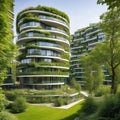 Residential area with ecological and sustainable green residential houses with apartments and green courtyard