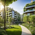 Residential area with ecological and sustainable green residential houses with apartments and green courtyard