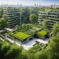 Residential area with ecological and sustainable green residential houses with apartments and green courtyard