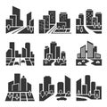 Residential area, housing estate silhouette icons set isolated on white. Cityscape, town.