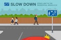 Residential area and living street road or traffic sign meaning. Red car is going to turn right. School kids on a sidewalk.