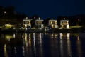 Residential area in Norway with houses facing the sea at night