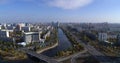 The residential area Rusanovka in Kiev in sunny day aerial panoramic view