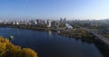 The residential area Rusanovka in Kyiv in sunny autumn day aerial panoramic view