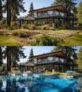 Before and After of Residential Back Yard With and Without A New Swimming Pool. Generative AI Royalty Free Stock Photo