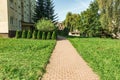 Residential building alley green grass