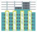 Residential building construction proccess. Cartoon urban development