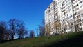 Residential building, sleeping area. spring cityscape against the blue sky, A residential area. Harmony of the city and nature
