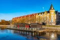 Residential buildings alongside river Gavlean in Gavle, Sweden