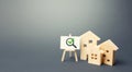 Residential buildings and easel with magnifying glass and green check mark. Compliance of housing with the necessary criteria