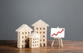 Residential buildings and easel with a positive growth trend red arrow up chart. Market growth, attracting investment. Raising Royalty Free Stock Photo