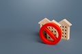 Residential buildings and red prohibition symbol No. Restrictions ban on construction. Inaccessible expensive housing. Restriction