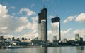 Residential buildings under construction above the Moscow river Royalty Free Stock Photo