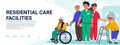 Residential care facilities concept. Group of elderly people and social workers. Horizontal banner or cover. Senior