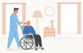 Residential care facility. A caretaker with old man on wheelchair. A bedroom in nursing home, retirement home. Scene of