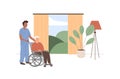 Residential care facility. A caretaker with old man on wheelchair. A bedroom in nursing home, retirement home. Scene of