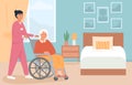 Residential care facility. A nurse with old woman on wheelchair. A bedroom in nursing home or retirement home. Scene of