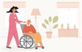 Residential care facility. A nurse with old woman on wheelchair. A bedroom in nursing home or retirement home. Scene of