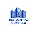 Residential complex, skyscraper, real estate and key, logo design. Construction, building, property and mortgage, vector design