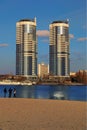 Residential complex Sunny riviera. Two modern luxury skyscrapers against blue sky