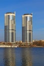 Residential complex Sunny riviera. Two modern luxury skyscrapers against blue sky